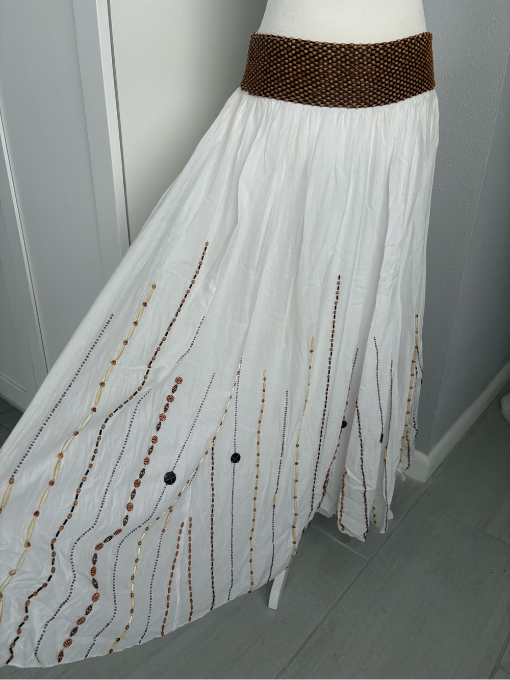 White Maxi Skirt with Brown Beaded Waistband